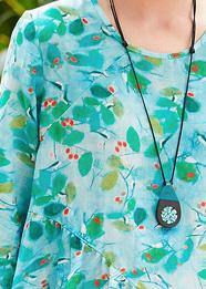 French green print linen clothes For Women o neck pockets loose summer Dress - SooLinen