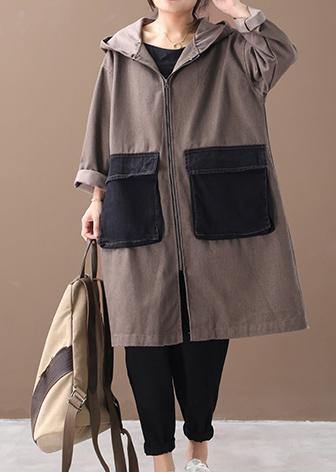 French hooded Large pockets Fine tunics for women denim khaki Knee winter outwear - SooLinen