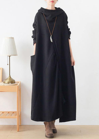 French hooded asymmetric Tunic Catwalk black Kaftan Dresses - SooLinen