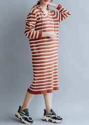 French hooded cotton Tunics Wardrobes red striped loose Dresses fall - SooLinen