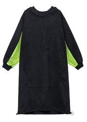 French hooded patchwork Long dress Outfits black Dress - SooLinen