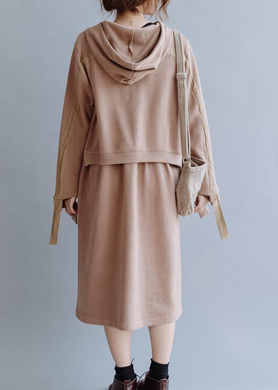 French khaki tunic pattern hooded patchwork long fall Dress - SooLinen