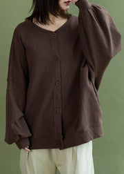 French lantern sleeve Button Down cotton tops women design chocolate shirt fall - SooLinen