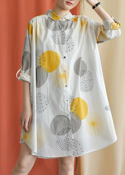 French lapel asymmetric Cotton clothes Catwalk yellow dotted Dress fall - SooLinen