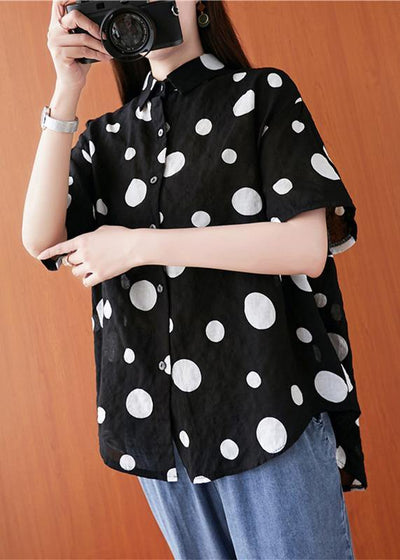 French lapel asymmetric linen cotton tunic top black dotted daily blouses - SooLinen