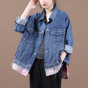 French lapel patchwork Fine fall clothes For Women denim blue Dresses women coats - SooLinen