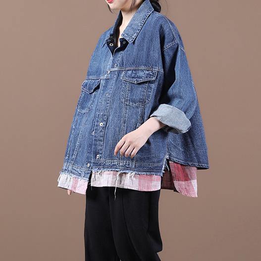 French lapel patchwork Fine fall clothes For Women denim blue Dresses women coats - SooLinen