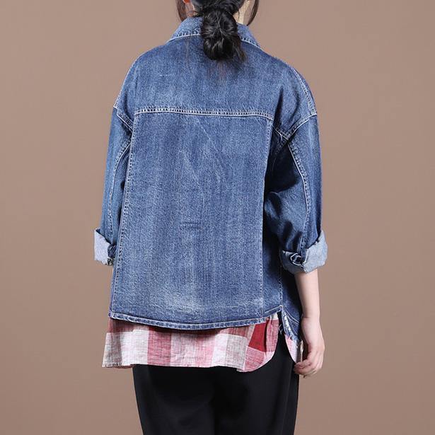 French lapel patchwork Fine fall clothes For Women denim blue Dresses women coats - SooLinen