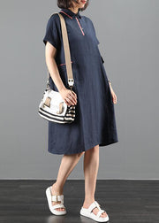 French lapel patchwork summer clothes Women Work navy Dress - SooLinen