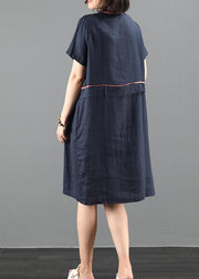 French lapel patchwork summer clothes Women Work navy Dress - SooLinen