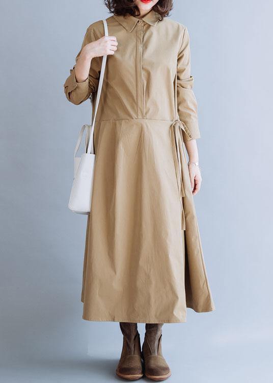 French lapel tie waist fine tunic coat khaki coats fall - SooLinen