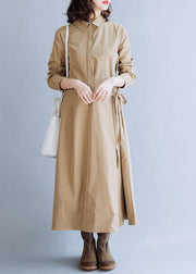 French lapel tie waist fine tunic coat khaki coats fall - SooLinen