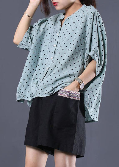 French light blue asymmetric dotted cotton shirts women v neck loose summer tops - SooLinen