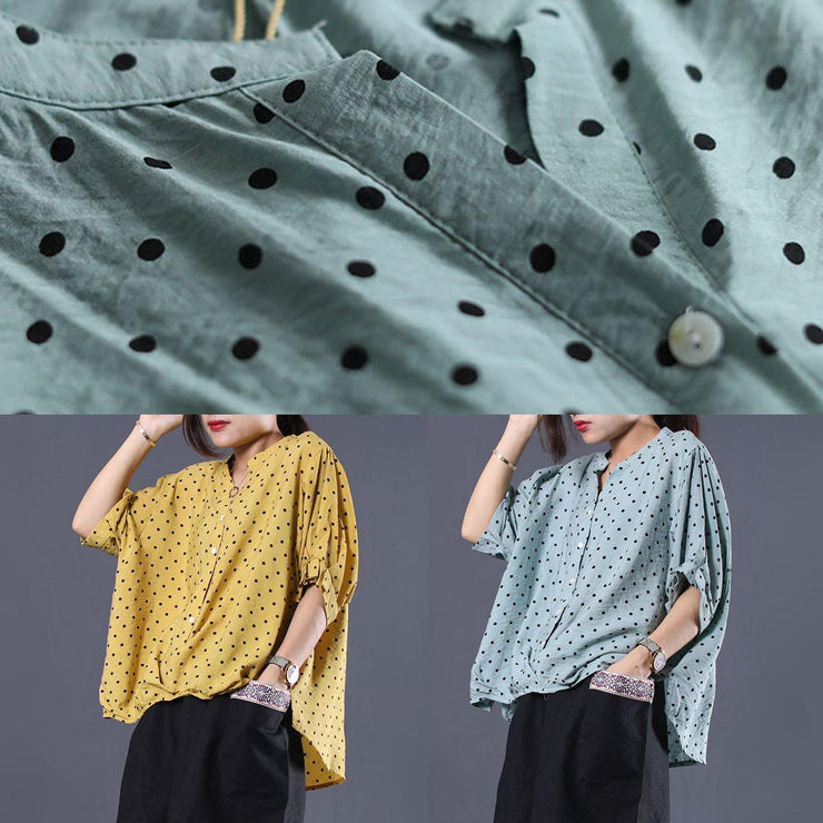 French light blue asymmetric dotted cotton shirts women v neck loose summer tops - SooLinen