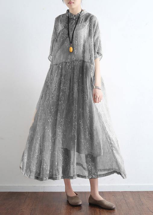 French light gray cotton dresses Mom Inspiration stand collar Art summer Dress - SooLinen