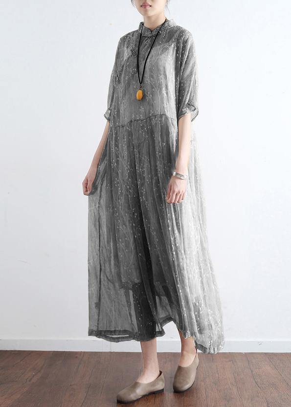 French light gray cotton dresses Mom Inspiration stand collar Art summer Dress - SooLinen