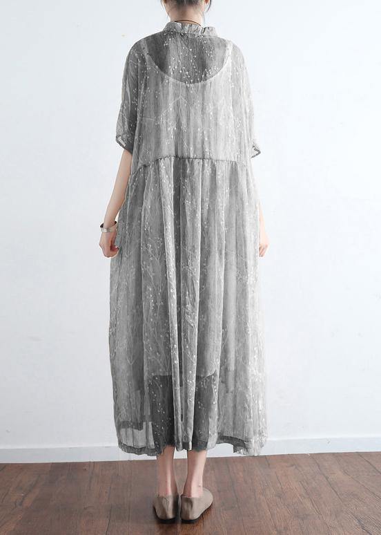 French light gray cotton dresses Mom Inspiration stand collar Art summer Dress - SooLinen