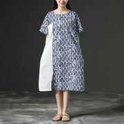 French linen Wardrobes Fashion Linen Blue Round Neck Loose Commuter Dress