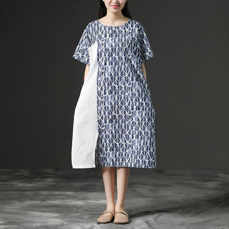 French linen Wardrobes Fashion Linen Blue Round Neck Loose Commuter Dress