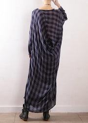 French navy plaid cotton clothes Women asymmetric Art autumn Dresses - SooLinen