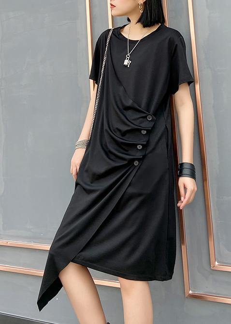 French o neck asymmetric Cotton 0Wardrobes black Dresses - SooLinen