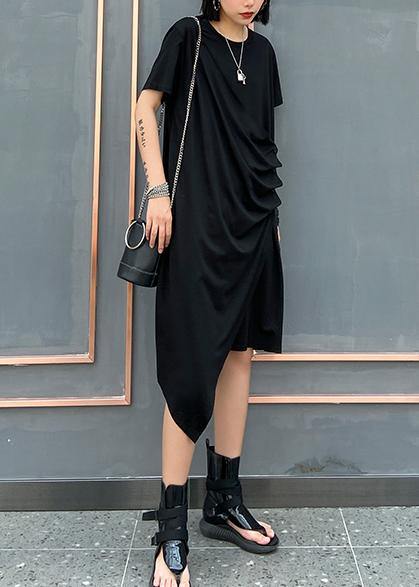 French o neck asymmetric Cotton 0Wardrobes black Dresses - SooLinen