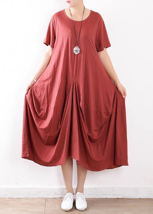 French o neck asymmetric linen clothes Casual Photography red loose Dress Summer - SooLinen