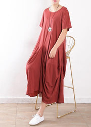 French o neck asymmetric linen clothes Casual Photography red loose Dress Summer - SooLinen