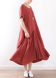 French o neck asymmetric linen clothes Casual Photography red loose Dress Summer - SooLinen