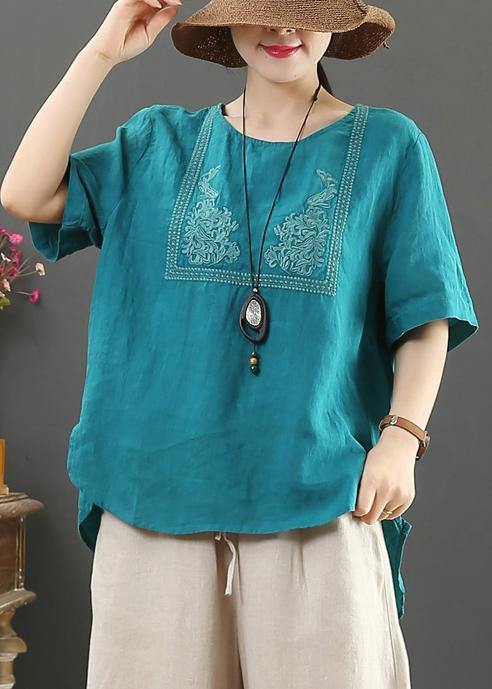 French o neck cotton tunic blue embroidery daily tops - SooLinen