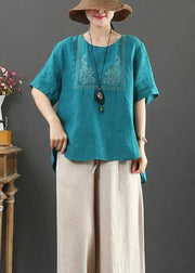 French o neck cotton tunic blue embroidery daily tops - SooLinen