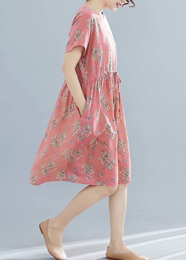 French o neck drawstring Cotton dress pink print Dresses summer - SooLinen