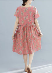 French o neck drawstring Cotton dress pink print Dresses summer - SooLinen