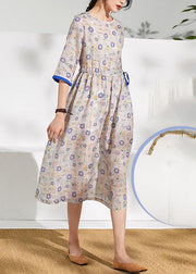 French o neck half sleeve linen summer Robes Catwalk floral Dress - SooLinen