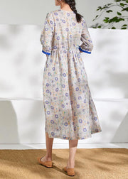 French o neck half sleeve linen summer Robes Catwalk floral Dress - SooLinen