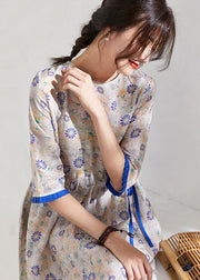 French o neck half sleeve linen summer Robes Catwalk floral Dress - SooLinen