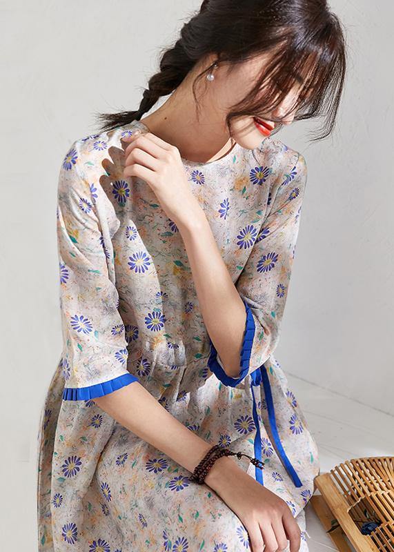 French o neck half sleeve linen summer Robes Catwalk floral Dress - SooLinen