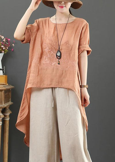 French o neck low high design cotton Blouse orange embroidery short shirt - SooLinen