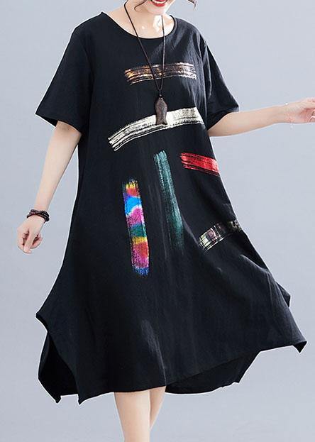 French o neck pockets Cotton clothes Women black print Dresses summer - SooLinen