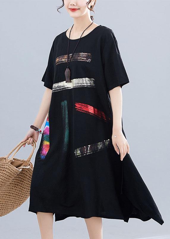 French o neck pockets Cotton clothes Women black print Dresses summer - SooLinen