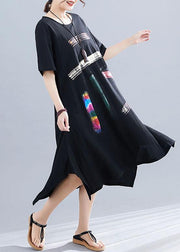 French o neck pockets Cotton clothes Women black print Dresses summer - SooLinen