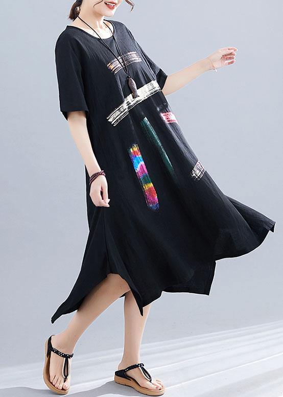 French o neck pockets Cotton clothes Women black print Dresses summer - SooLinen