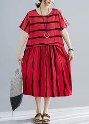 French o neck pockets Cotton dresses Boho Shape red striped shift Dresses Summer - SooLinen