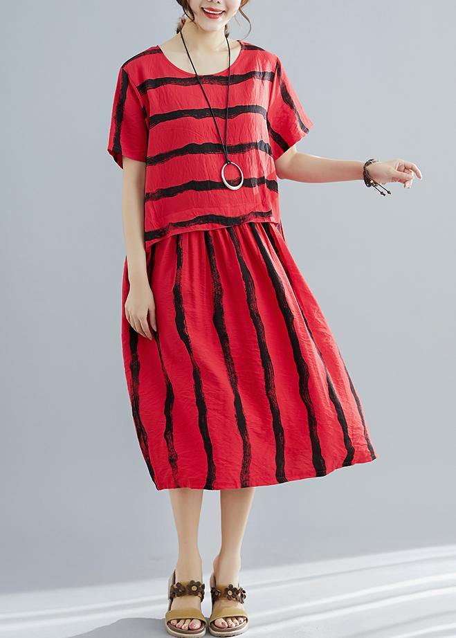 French o neck pockets Cotton dresses Boho Shape red striped shift Dresses Summer - SooLinen