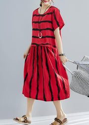 French o neck pockets Cotton dresses Boho Shape red striped shift Dresses Summer - SooLinen