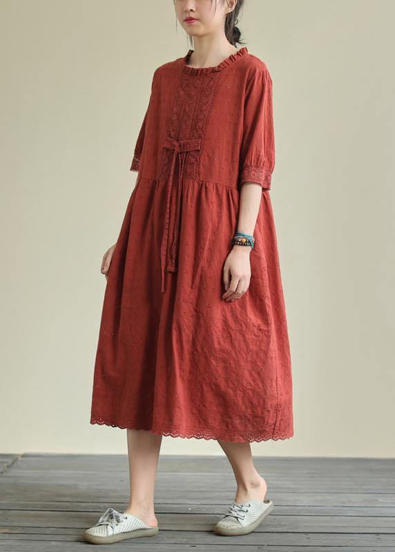 French o neck tie waist cotton summer clothes Neckline red Maxi Dresses - SooLinen