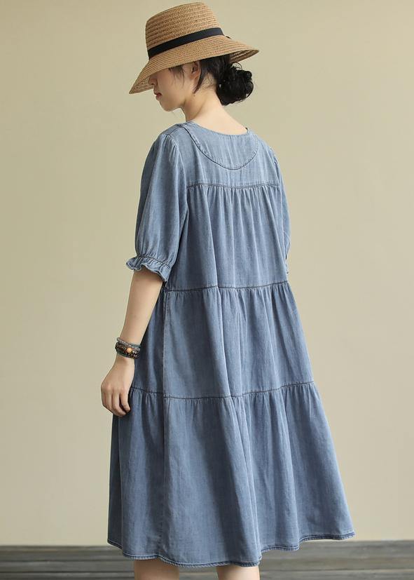 French o neck Cinched Cotton summer quilting clothes Wardrobes blue Dresses - SooLinen