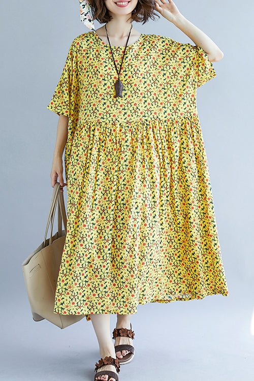 French o neck Cinched cotton dress 2024 design yellow print A Line Dresses Summer