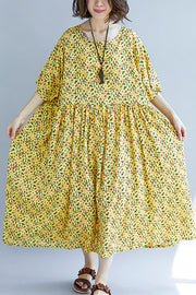 French o neck Cinched cotton dress 2024 design yellow print A Line Dresses Summer