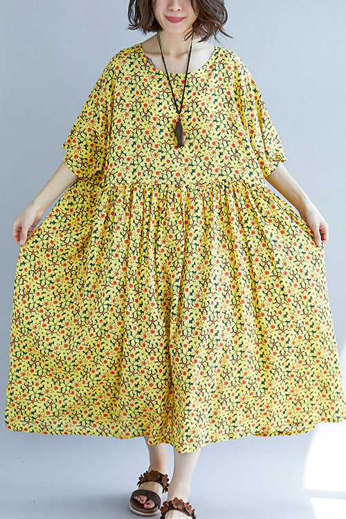 French o neck Cinched cotton dress 2024 design yellow print A Line Dresses Summer